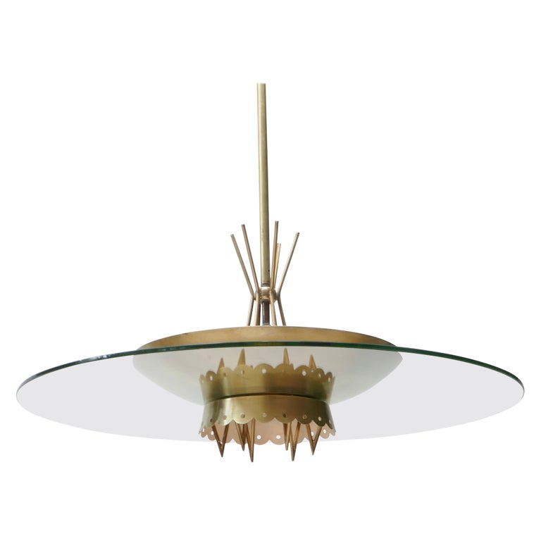 Italian Glass and Brass Saucer Chandelier, 1950s